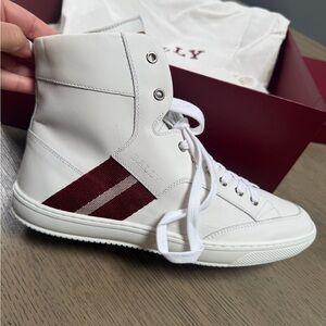Bally White High-Top Leather Sneaker with Burgundy and Light Stripe